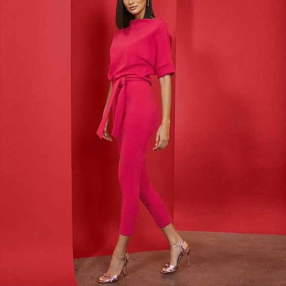 New York & Company Pants - New York & Co Madie Dolman Sleeve Boat Neck Belted Tailored Jumpsuit in Hot Pink